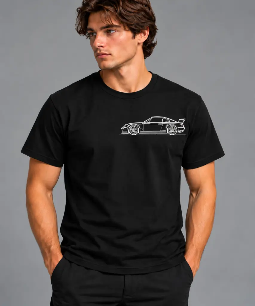 Black T-Shirt with White Sports Car Graphic.webp