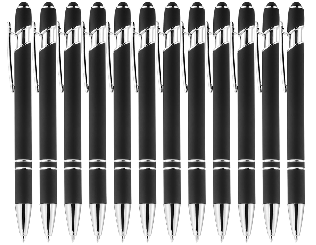 Pack of 12 Ballpoint Pens With Stylus Pen for Touchscreen (Black)